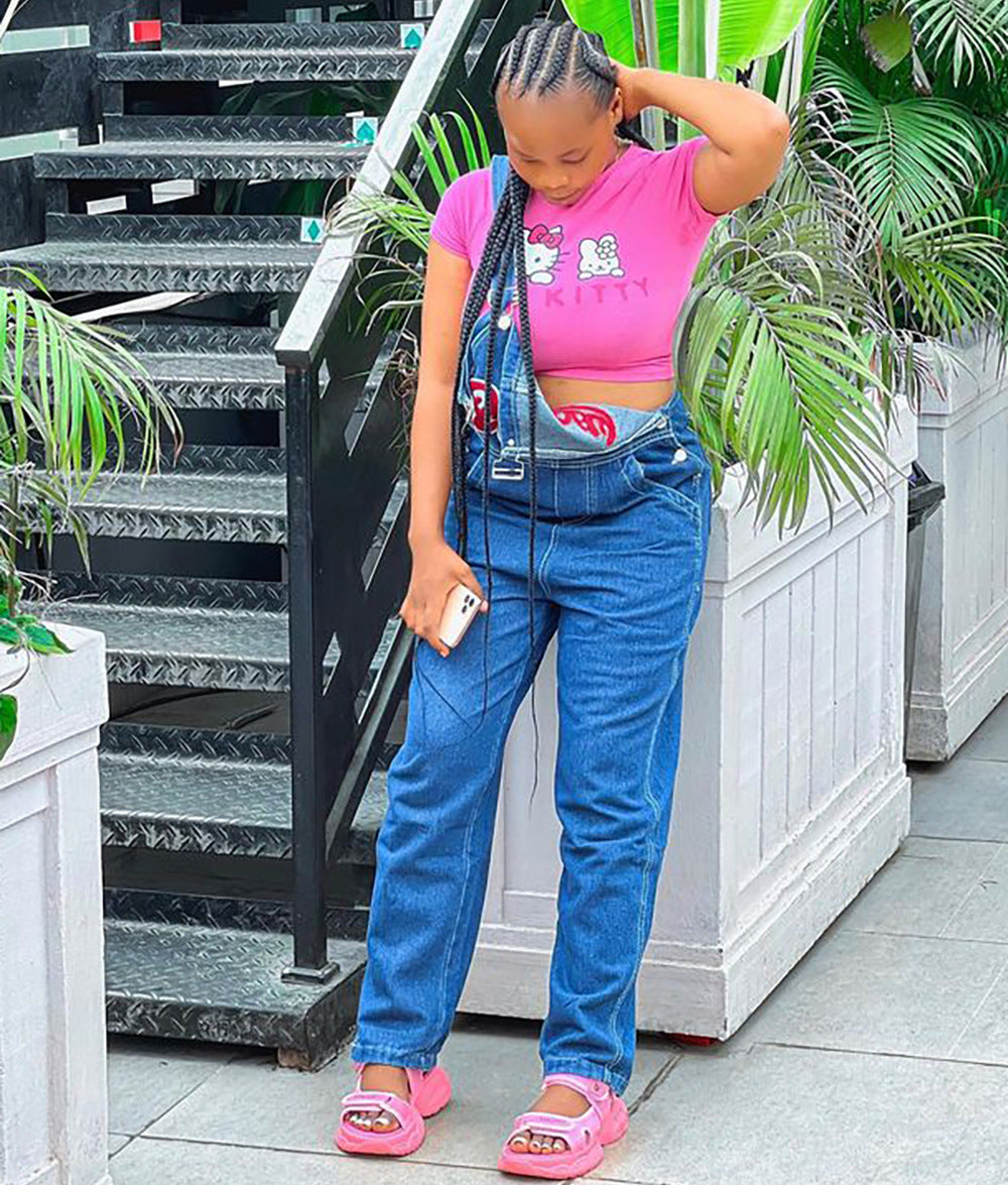 European and american cross-border women's fashion:  hot-selling, trendy, instagram-style streetwear letter embroidered denim overalls