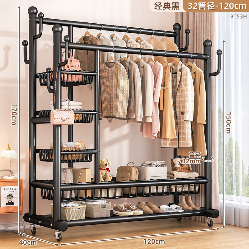 Clothes rack floor-standing bedroom for home double-pole clothes drying rack movable clothes rack indoor clothes storage coat rack