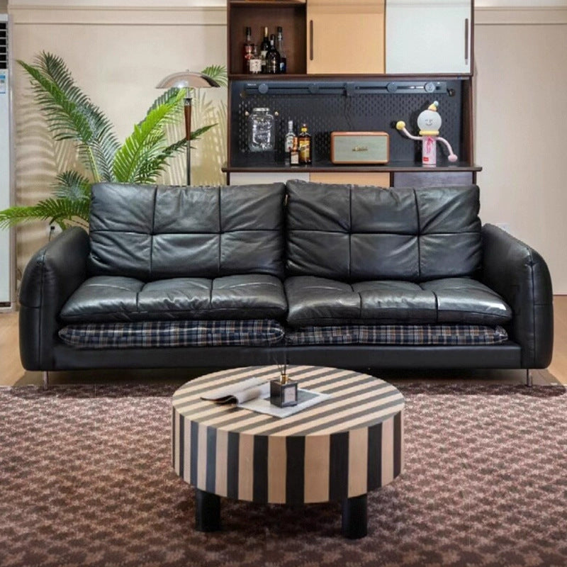 Double-sided genuine leather sofa, small apartment leather and fabric combination, removable and washable hamburger sofa, down-filled, vintage-style oil-waxed leather sofa