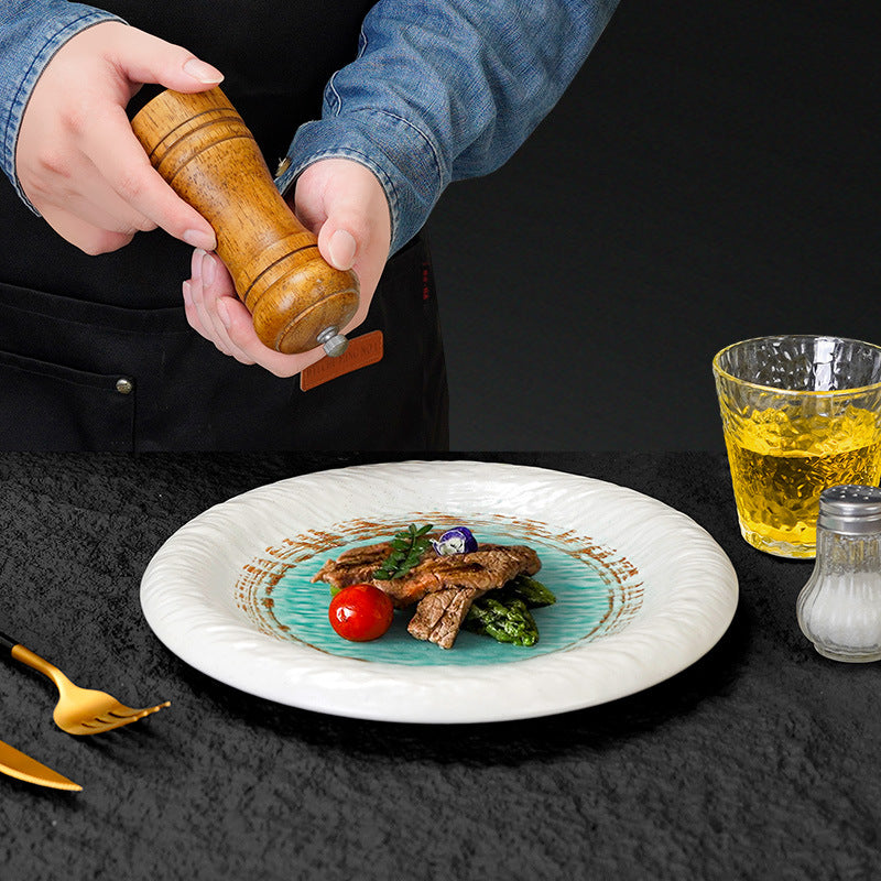 Japanese minimalist ink wash painting ceramic dinner plate - creative, round, ruffled edge, high-end plating for western cuisine, ideal for restaurants and hotels