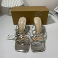 2024za new summer women's high heels - single strap, low-cut, square toe, metal butterfly buckle detail, silver open back sandals