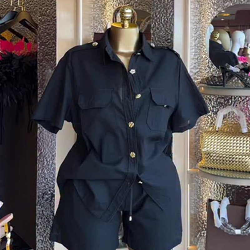 European and american cross-border women's fashion:  autumn new collection - solid color turn-down collar button-down short sleeve shirt and wide-leg shorts set
