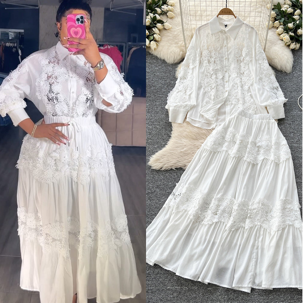spring palace style two-piece set: women's french hollow-out lace embroidered long-sleeve blouse and high-waisted flared midi skirt