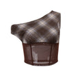 European and american women's clothing  summer new retro plaid asymmetrical neck mesh panel top and slim-fit midi skirt set