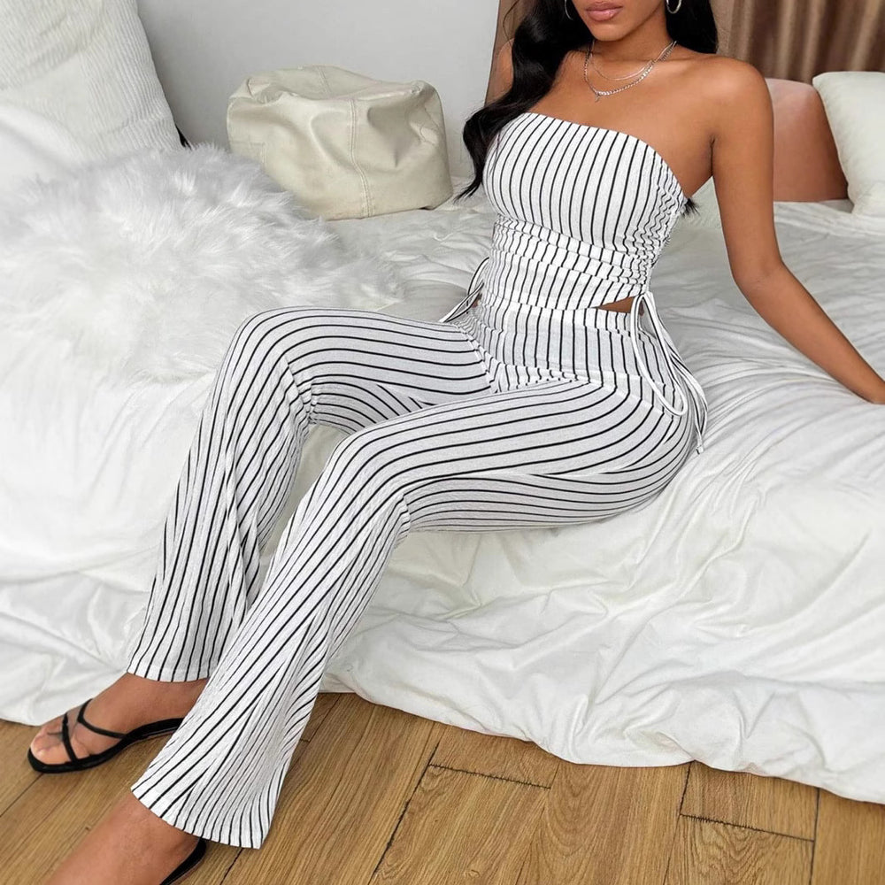 Amazon cross-border summer set: striped sexy cutout tie-up top and pants two-piece outfit