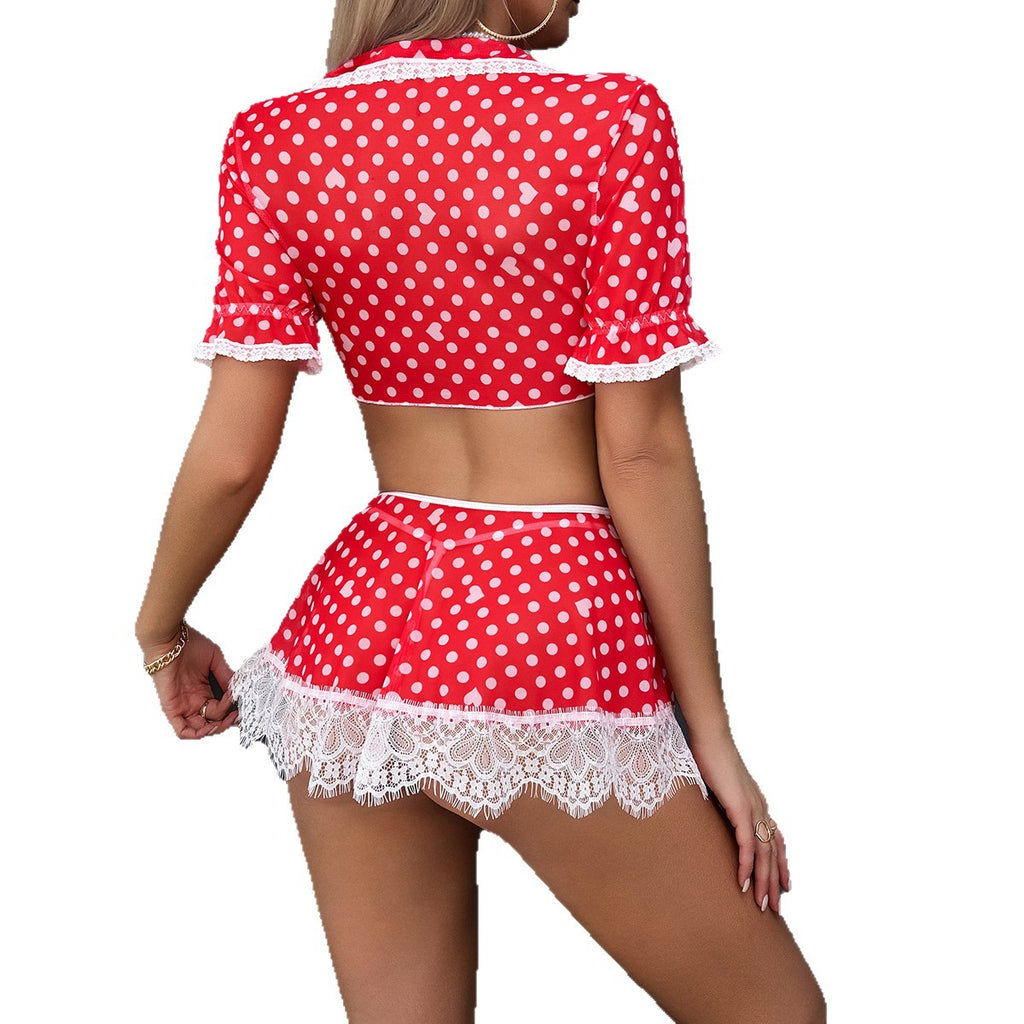 European and American  vacation, sexy and sweet red polka dot printed chest straps, cardigan three-piece set 3807