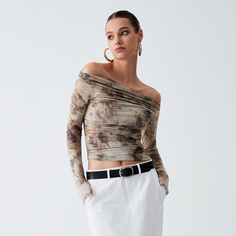 European and american style retro 3d printed sexy off-the-shoulder pleated crop top slim-fit t-shirt for women, new spring  collection