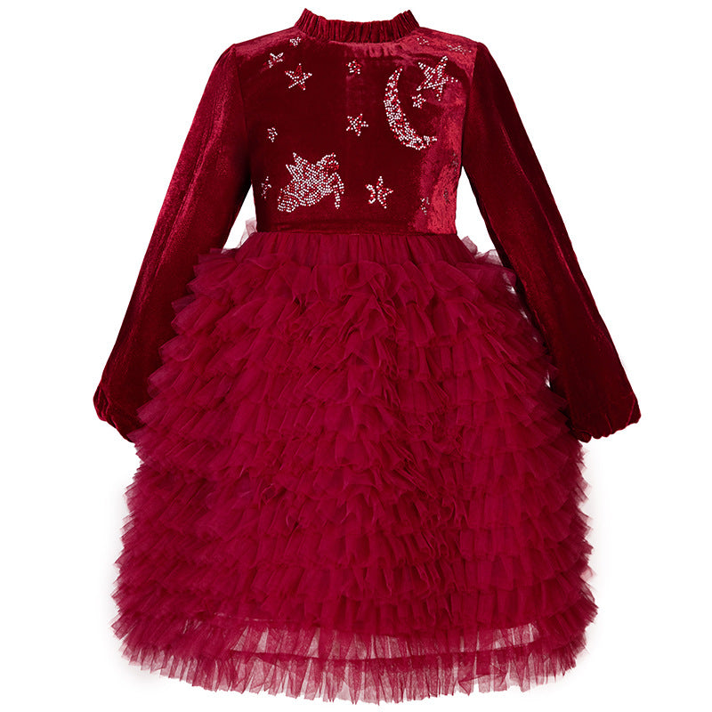 Ready-to-ship new girls' dress cake princess dress red new year outfit velvet birthday party dress winter style