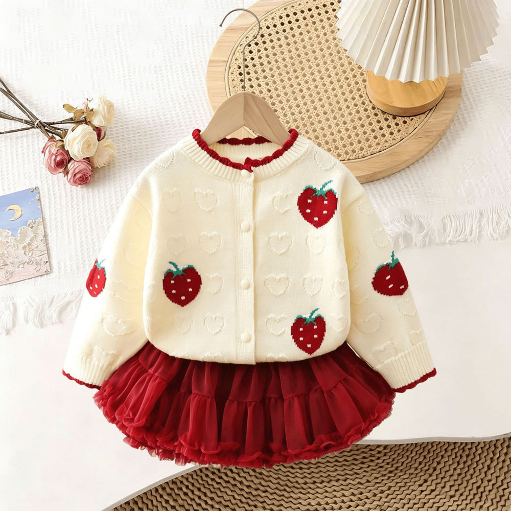 Girls' knit sweater set -  autumn/winter new collection - embroidered strawberry knit cardigan & tutu skirt two-piece set