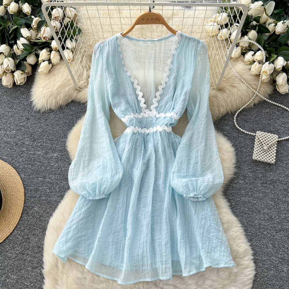 Frenchsexy deep v neck wave edge patchwork waist lantern sleeve dress women's autumslimming looka line vacation skirt
