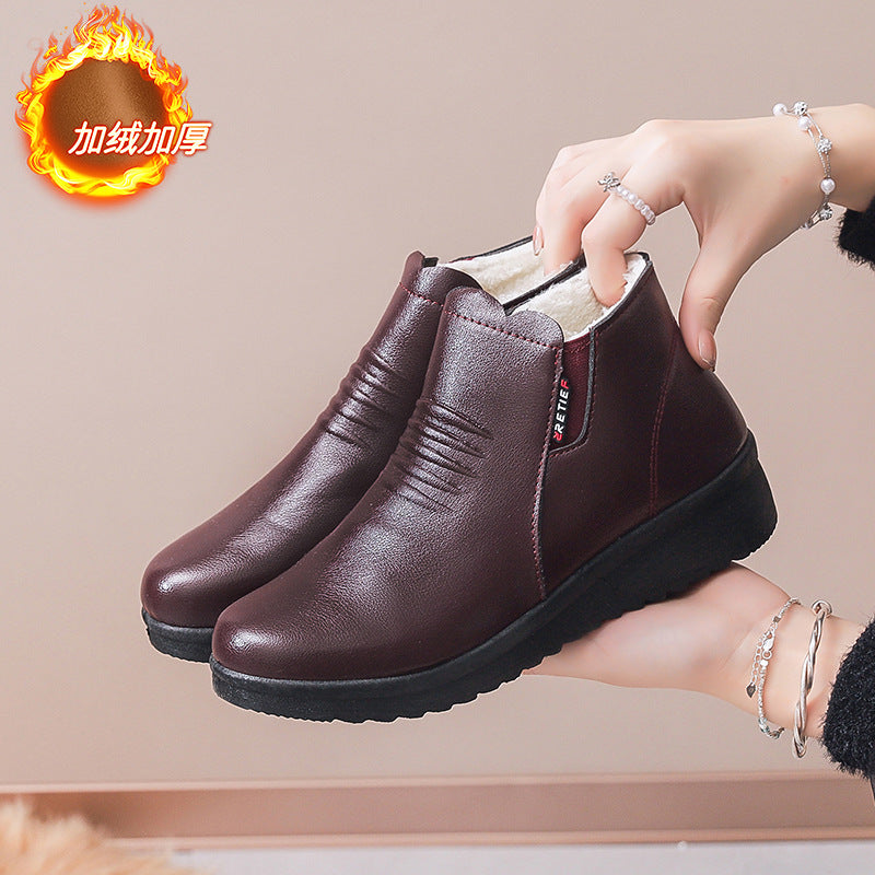 Thickenedheattech middle-aged and elderly cotton shoes women's winterladieswear shoes fleece-linednon-slipflats soft bottom plaid grandma leather shoes