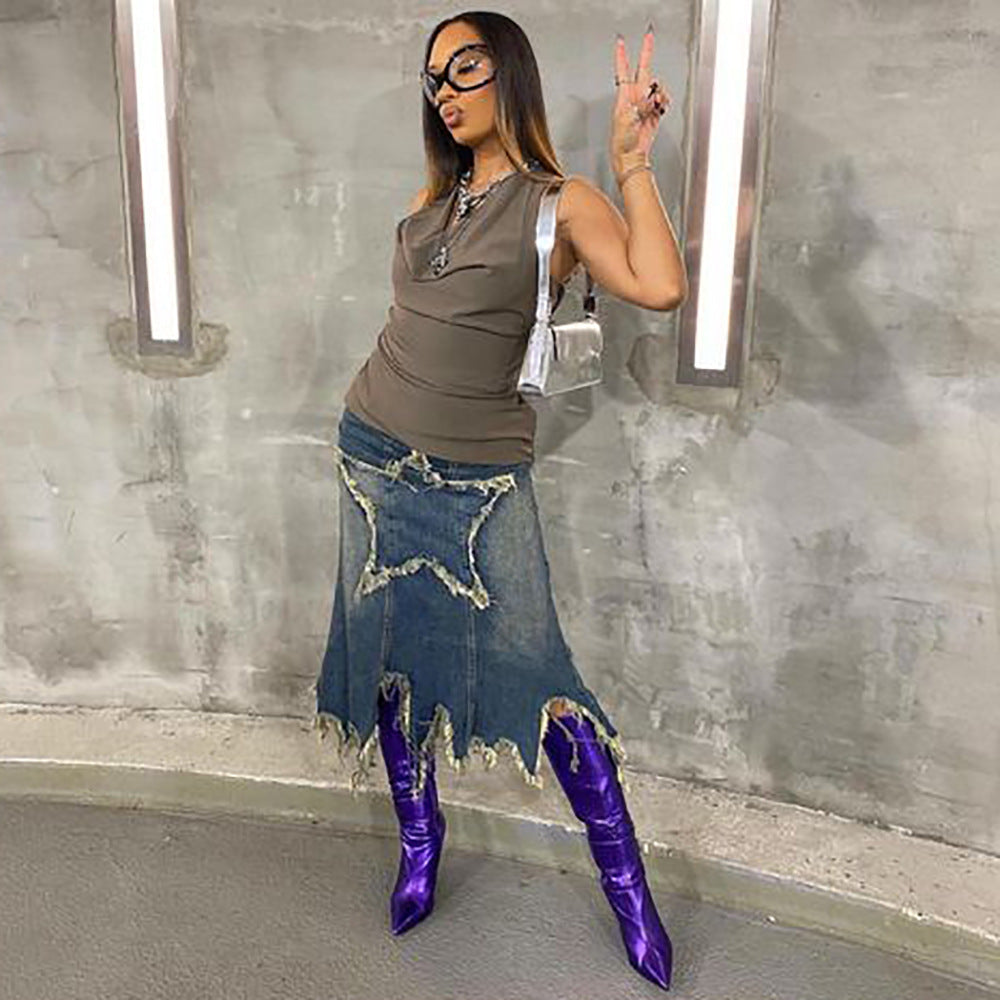 European and american cross-border women's fashion:  &  streetwear casual appliqué high-waisted tassel washed denim midi skirt