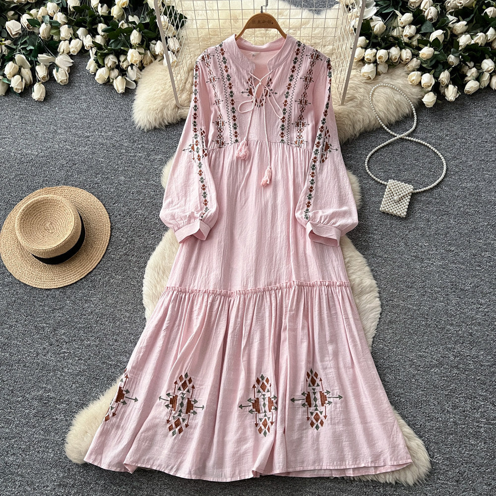 Vintage-inspired, heavily embroidered, unique and elegant women's long-sleeve dress - tie-waist a-line maxi dress, slimming and tummy-concealing