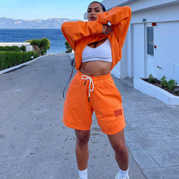 LOGO embroidered hooded sweater shorts two-piece set women's European and American autumn new sports fashion sweater shorts set