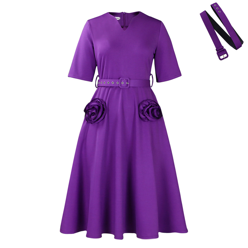 D576 women's foreign trade summer  new fashion v-neck elegant short sleeve cinched waist a-line dress plus size european and american style dress