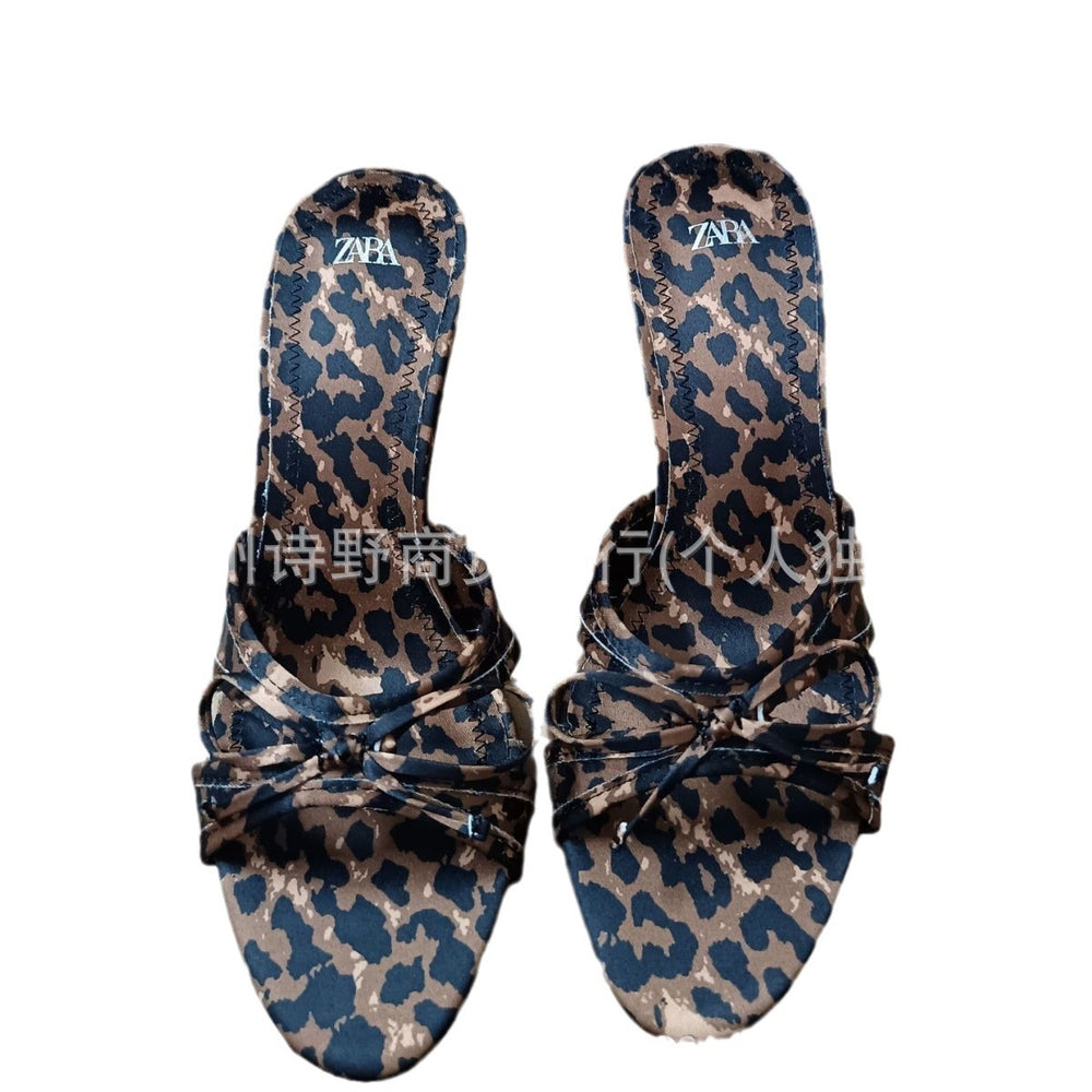 Za new 2024 fashion high heel pointed toe open toe leopard print thin one-strap bow detail backless mules sandals for women