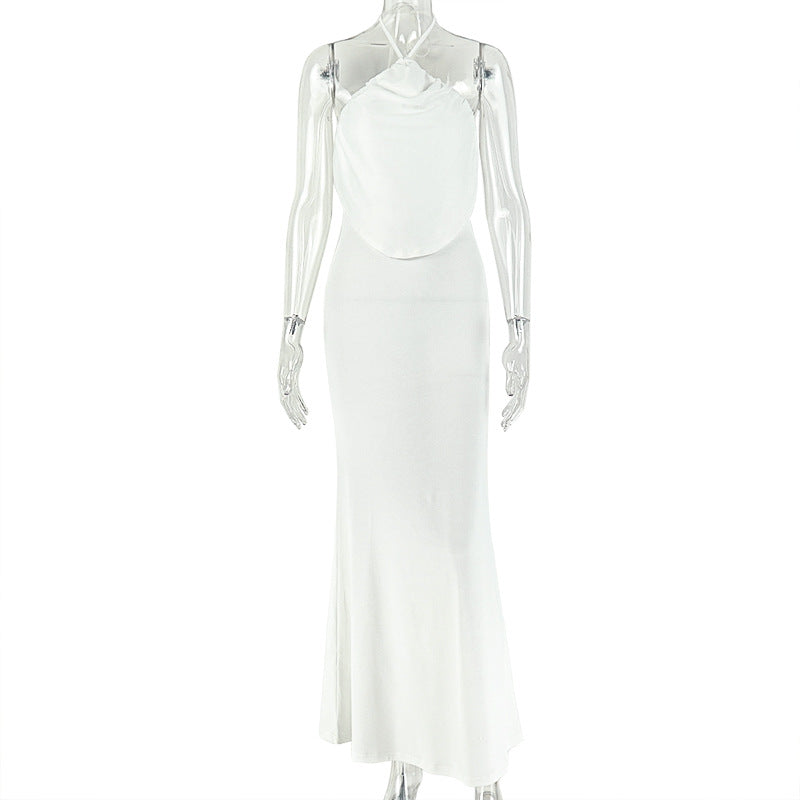 Fashion styleexportpure colorelegance women's clothing casual hiking hip skirt halter sleeveless slimming look longdress