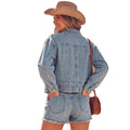 European and american cross-border e-commerce  new arrival: turn-down collar long sleeve metal button rivet washed denim long sleeve jacket for women