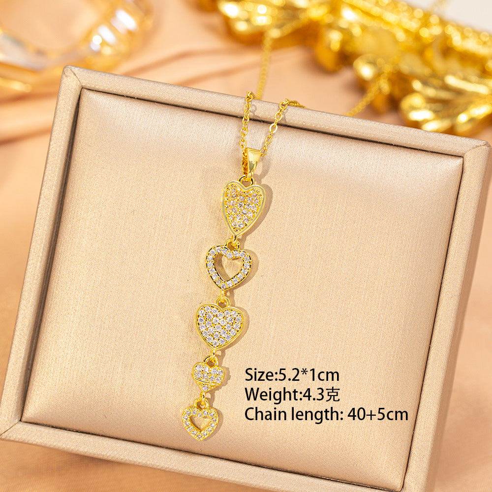 [titanium steel] fashion popular copper inlaid zirconium long heart necklace for women, accessible luxury fashion, high-end collarbone chain accessories