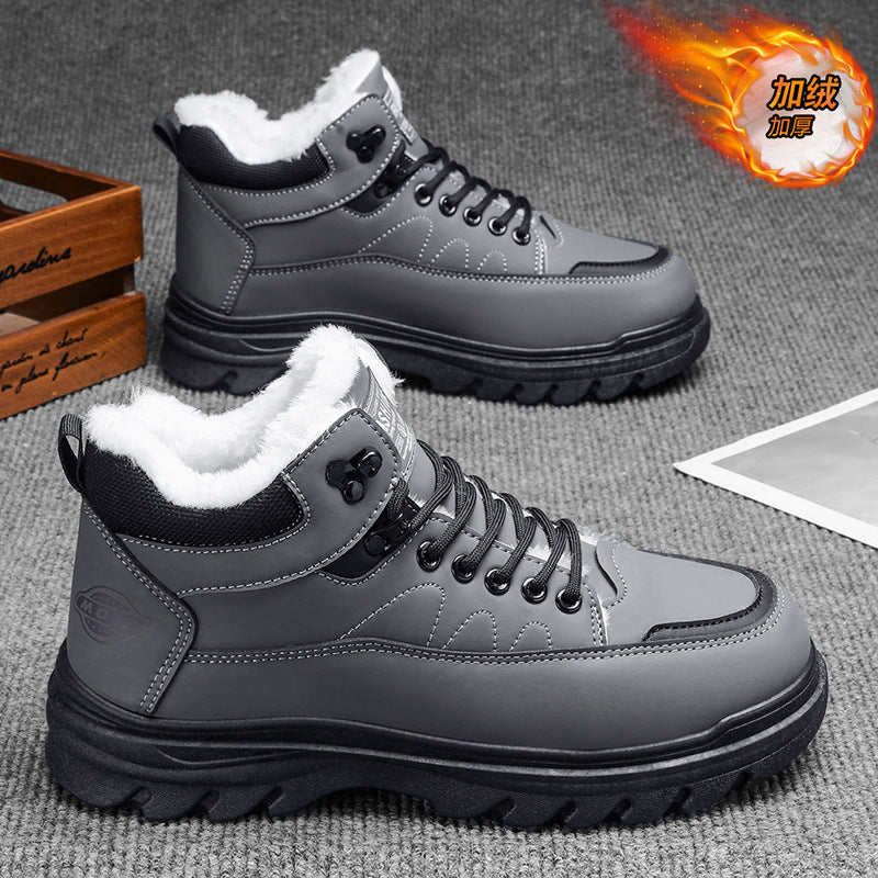 2025 winter men's high-top fleece-lined warm leather shoes, black korean style martin boots, thickened casual cotton shoes, dad shoes