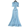 French chic single-breasted knit dress - women's summer short sleeve cutout slim fit elegant maxi dress