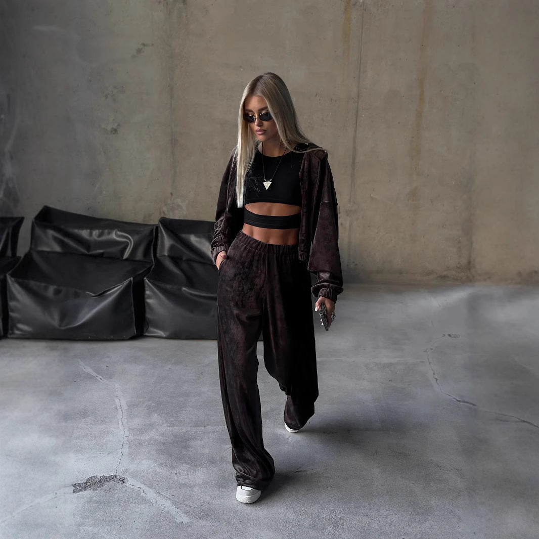 Cross-border independent station velvet hooded cardigan trousers women's two-piece set long-sleeved jacket pendant straight mopping trousers set
