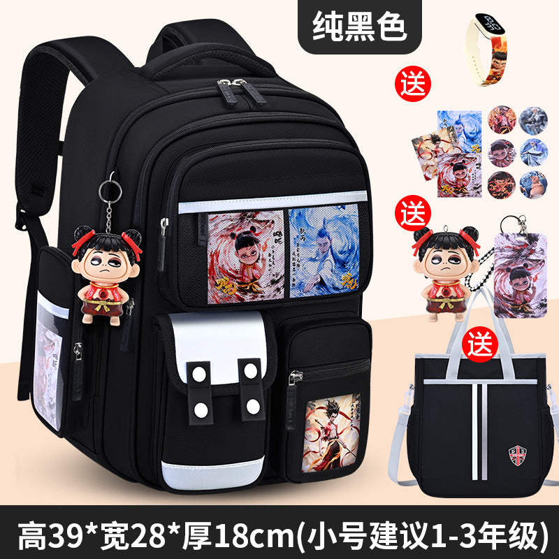 New nezha backpack for boys and girls, grades 1-6: spine protection, lightweight design, and extra-large capacity