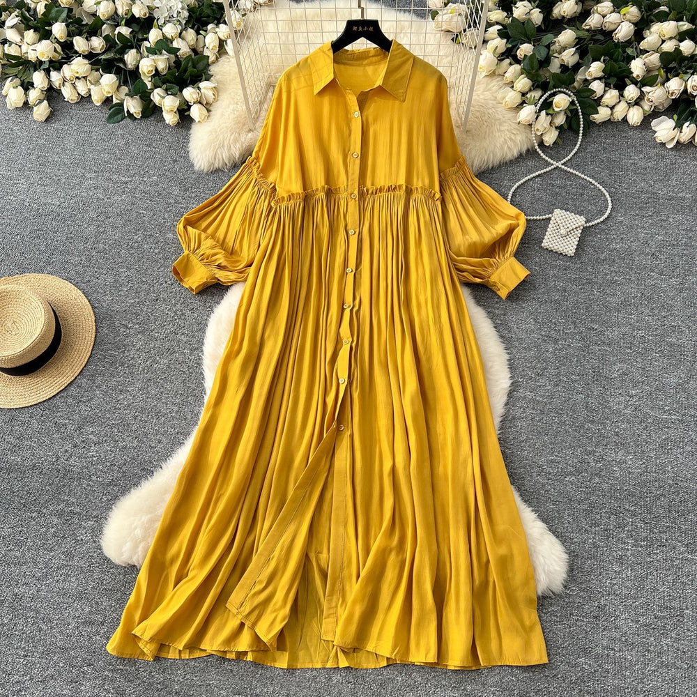 Vintage-inspired casual dress for women - spring  collection: pleated lantern sleeve, relaxed fit, single-breasted shirt dress