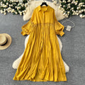 Vintage-inspired casual dress for women - spring  collection: pleated lantern sleeve, relaxed fit, single-breasted shirt dress