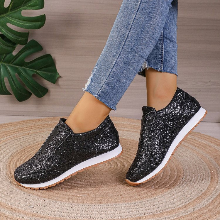 European and american plus size women's winter  new collection: sequin fabric shoes, athletic casual flats, round toe, cross-border e-commerce