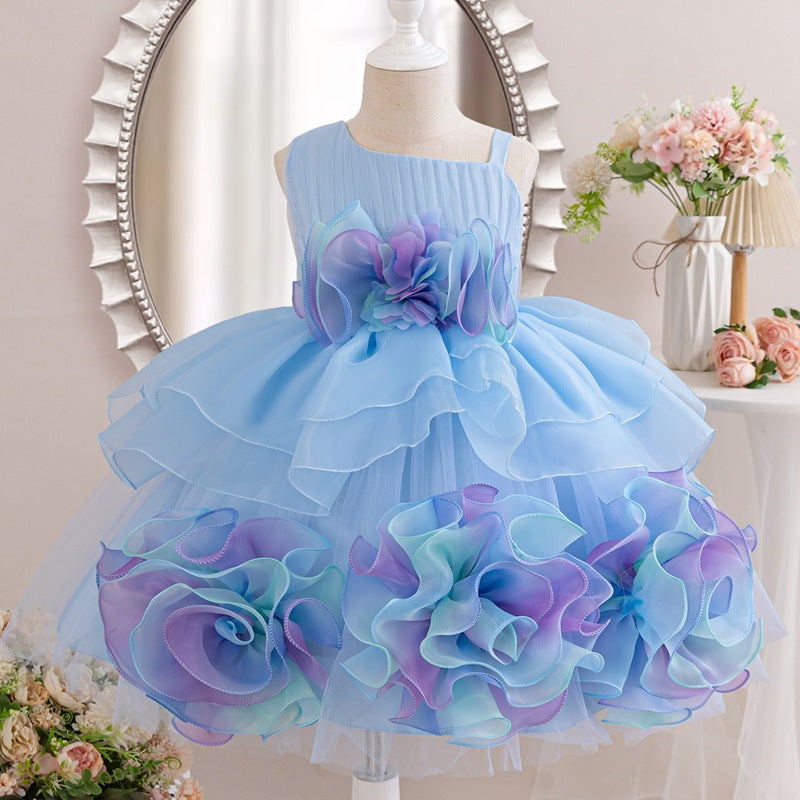 Puff skirt first birthday oblique princess dress summer flower dress birthday kids dress performance costume half sleeve girl 3d