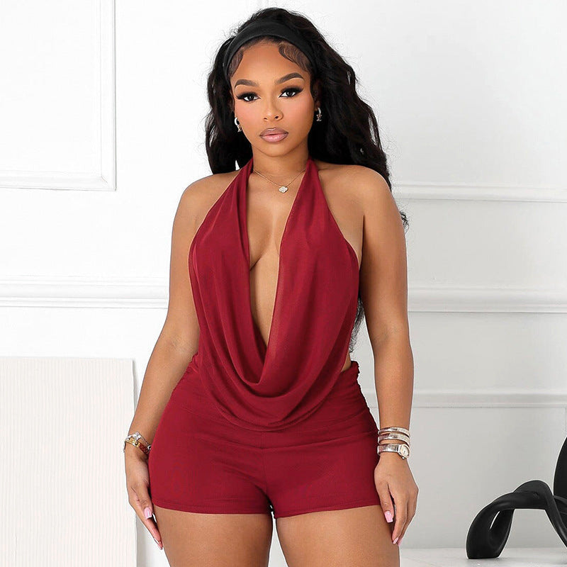 fashion  summer new sexy swing neck halter neck tie backless tops shorts two-piece suit for women