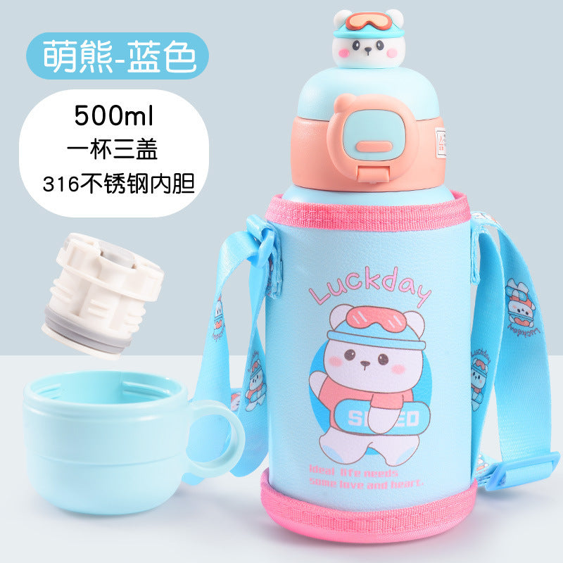 Cartoon 316 stainless steel insulated tumbler with straw, cup sleeve, portable single cup, double lid water bottle - wholesale gift option