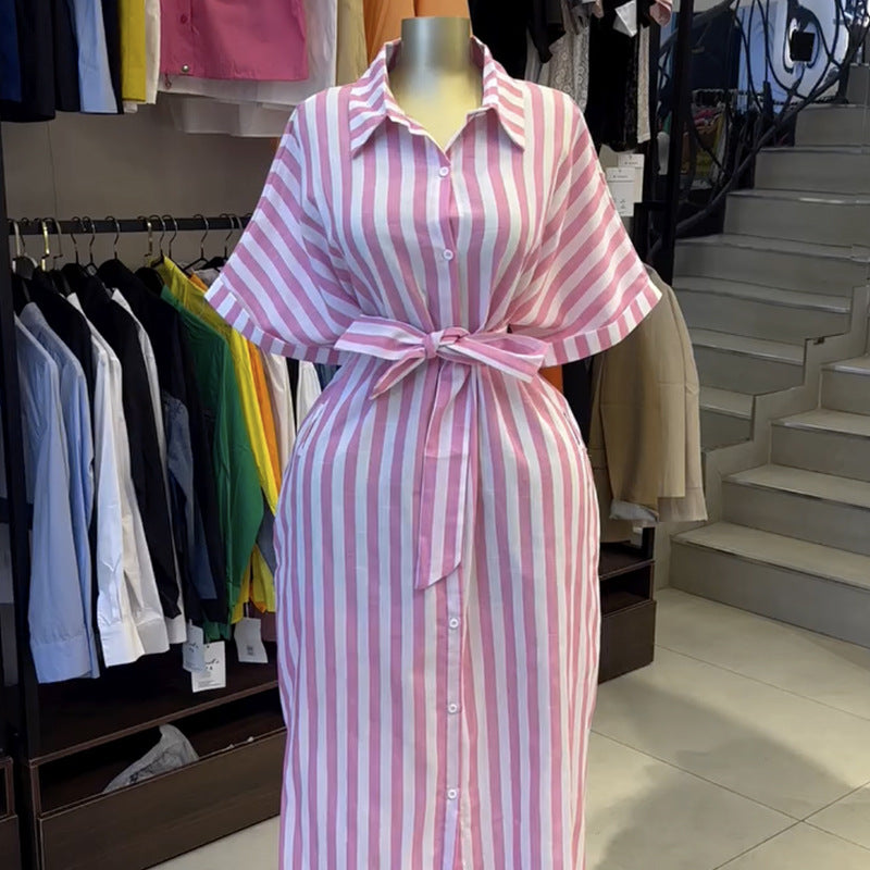 European and american cross-border women's fashion:  spring new arrival - elegant collared pink striped tie-waist short-sleeve shirt dress