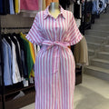 European and american cross-border women's fashion:  spring new arrival - elegant collared pink striped tie-waist short-sleeve shirt dress