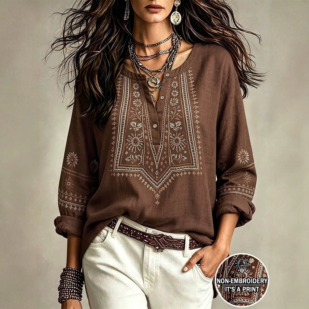 Plus size vintage ethnic style shirt - half button, printed, long sleeve, loose fit, flattering, versatile women's casual top
