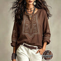 Plus size vintage ethnic style shirt - half button, printed, long sleeve, loose fit, flattering, versatile women's casual top