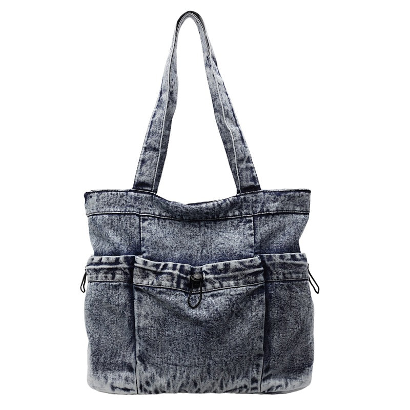Cross-border new denim shoulder retro bag female Mori casual backpack new trendy cool simple commuter tote bag