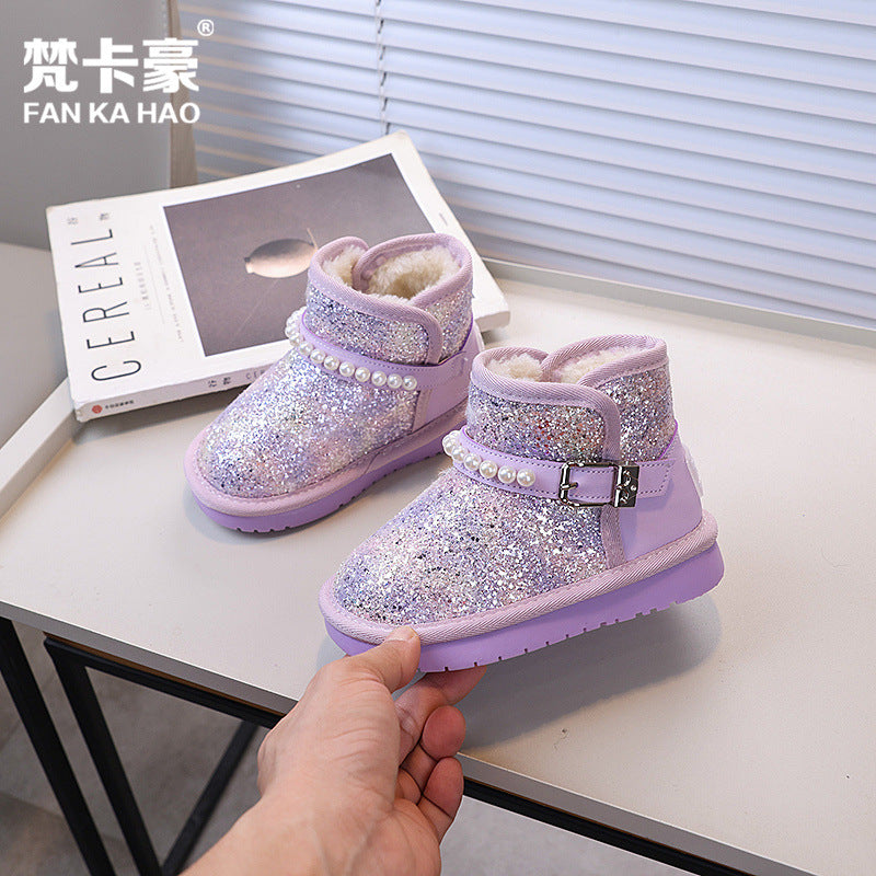 Vancahao girls' fashion sequin & beaded princess snow boots - new  winter collection, fleece-lined and extra thick kids' cotton shoes