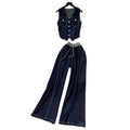 Lightly mature wear women's work clothingfashionv neck sleeveless topstitch flap pocket pants denim topshigh waistdrapedloose pantssuit