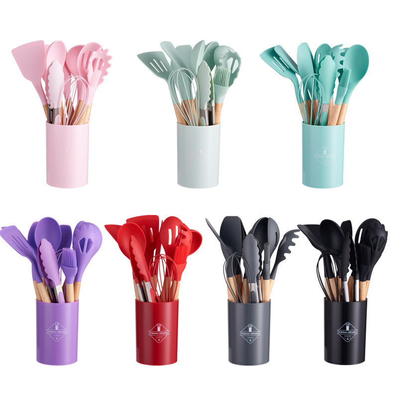 Cross-border twelve-piece set of colored wooden handle silicone kitchenware set to store food-grade high temperature resistant spatula spoons in stock