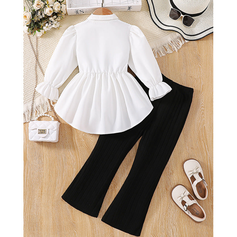 Exportgirlsuit laceknittingvestpatchworkshirt tweed stylelong sleevestopsknitting pants children's two-piece set