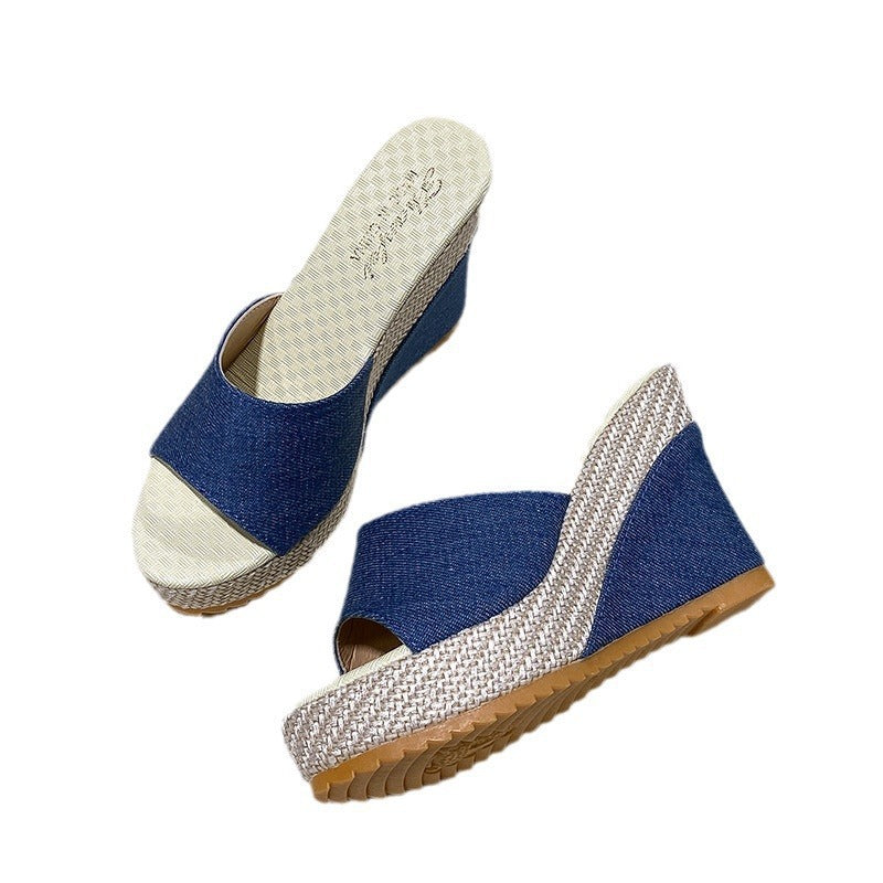 Fashionexport wedge heel one-shaped fish mouth high heel slippers women's platform shoes thick soleplus size open toe cloth sandals wish