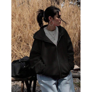 fashion  autumn new style drop shoulder long sleeve zipper casual loose hooded sweatshirt for women (us/eu)
