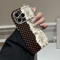 Pieced polka dot lace appliqué phone case for iphone 17 pro max, iphone 13, round edge large view soft case
