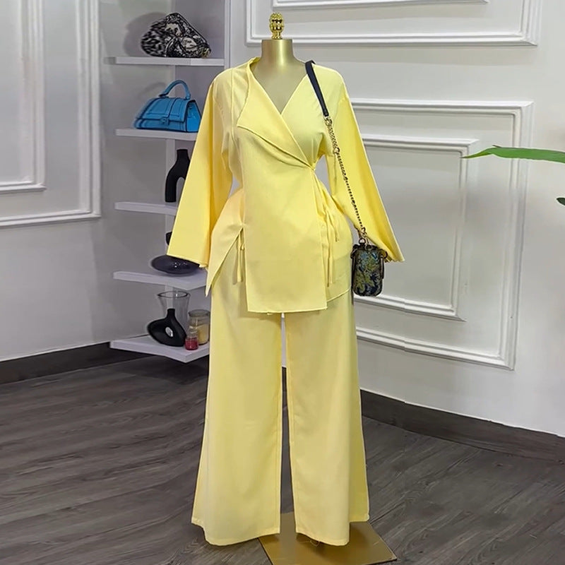 European and american women's clothing  autumn new collection: sweet and fresh v-neck long sleeve shirred waist blouse and high-waisted straight-leg pants two-piece set