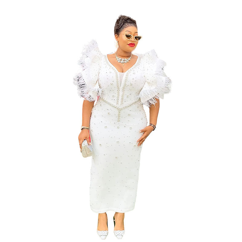 African women's mesh bodycon dress with rhinestone embellishments, elegant v-neck, long skirt, short sleeves - cross-border fashion wholesale
