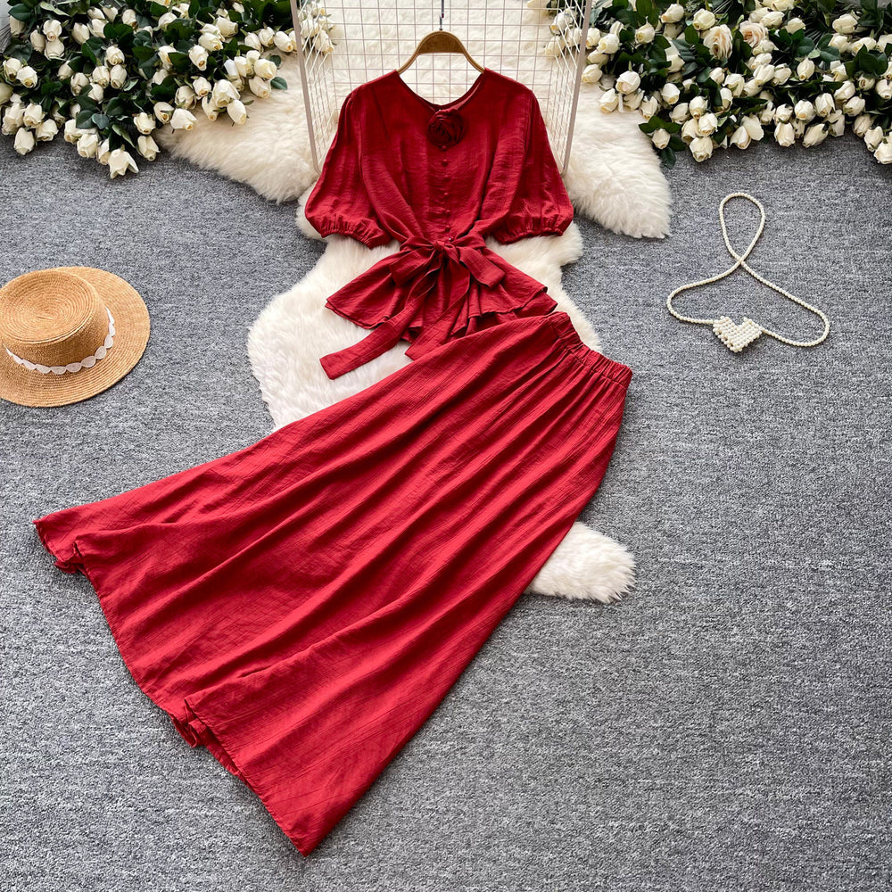 K-stylework clothing style lantern sleeve waist two-piece set female autumslimming lookhigh waist skirt red elegantsuit