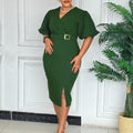 D3331export women's clothing new arrivalfashionv neck puff sleeves pure color waist slit hip-covering african dress