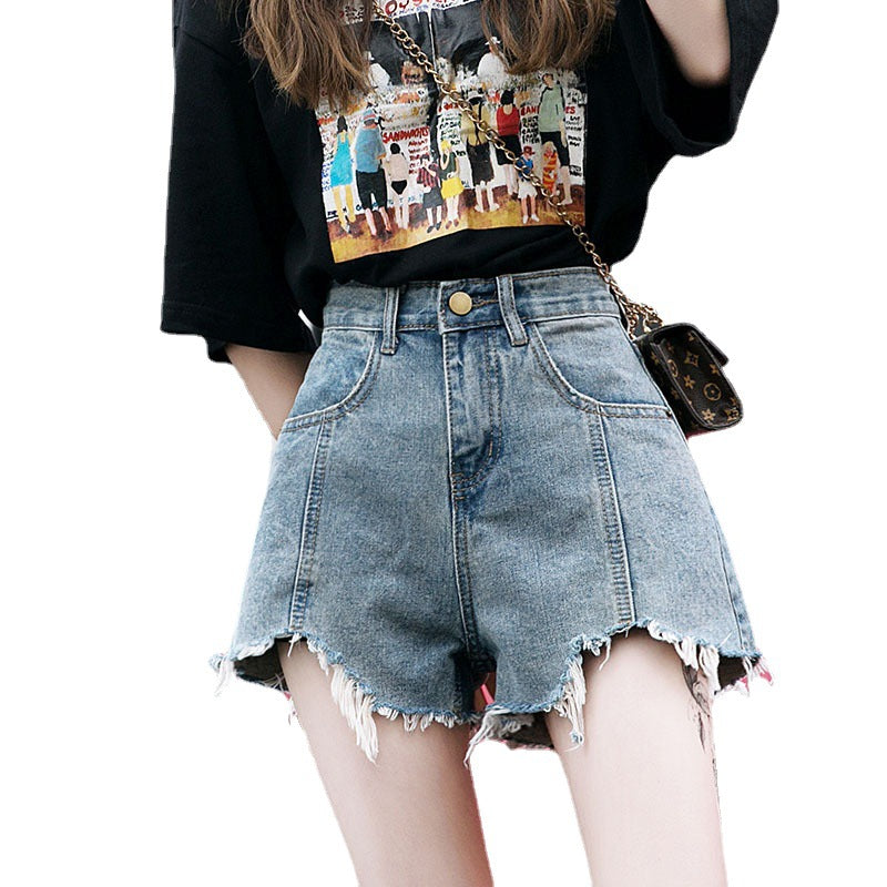 Trendy denim shorts for women, new arrival, korean style, fashionable ripped and frayed hem, washed high-waisted loose wide-leg pants